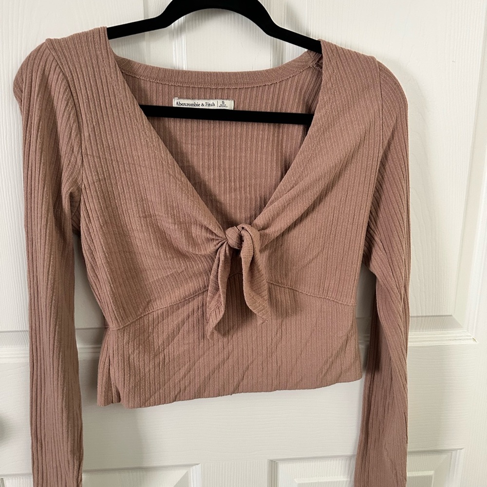 Abercrombie & Fitch Ribbed Tie-Front Blouse - tan color